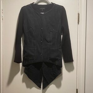 Kedziorek Black White Stitch Asymmetrical Knit Sleeve Back Drop Slit Dip Blazer